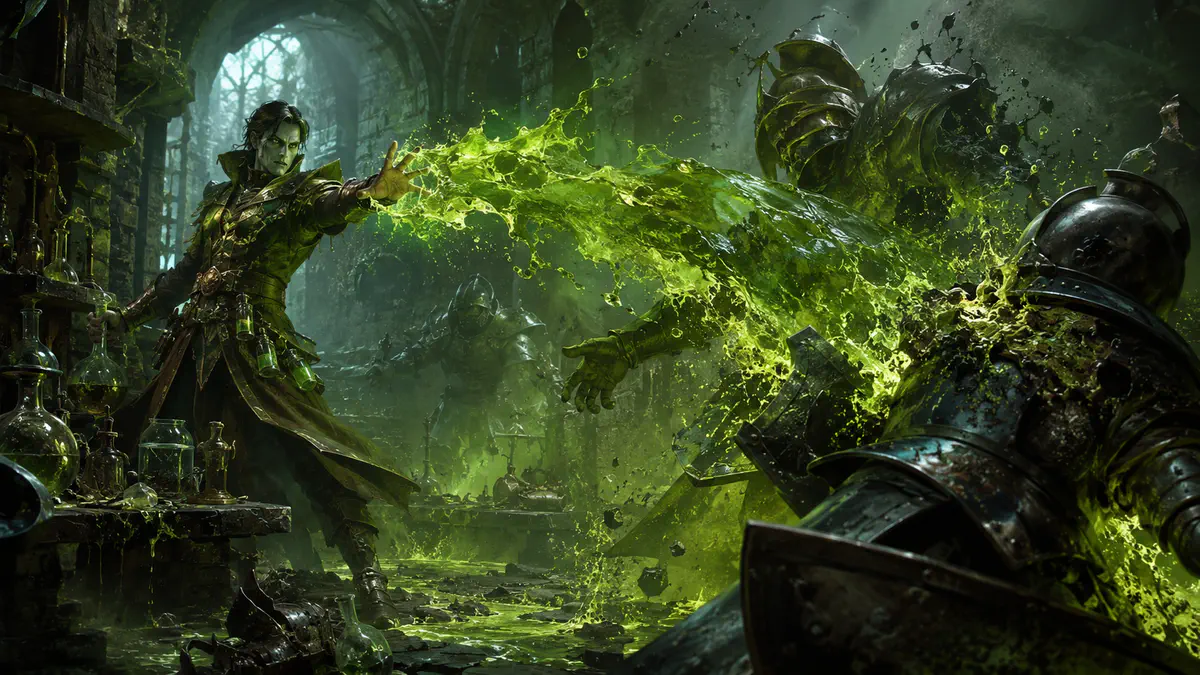 Spellcaster hurling a bright green stream of acid at an armored foe in a ruined hall