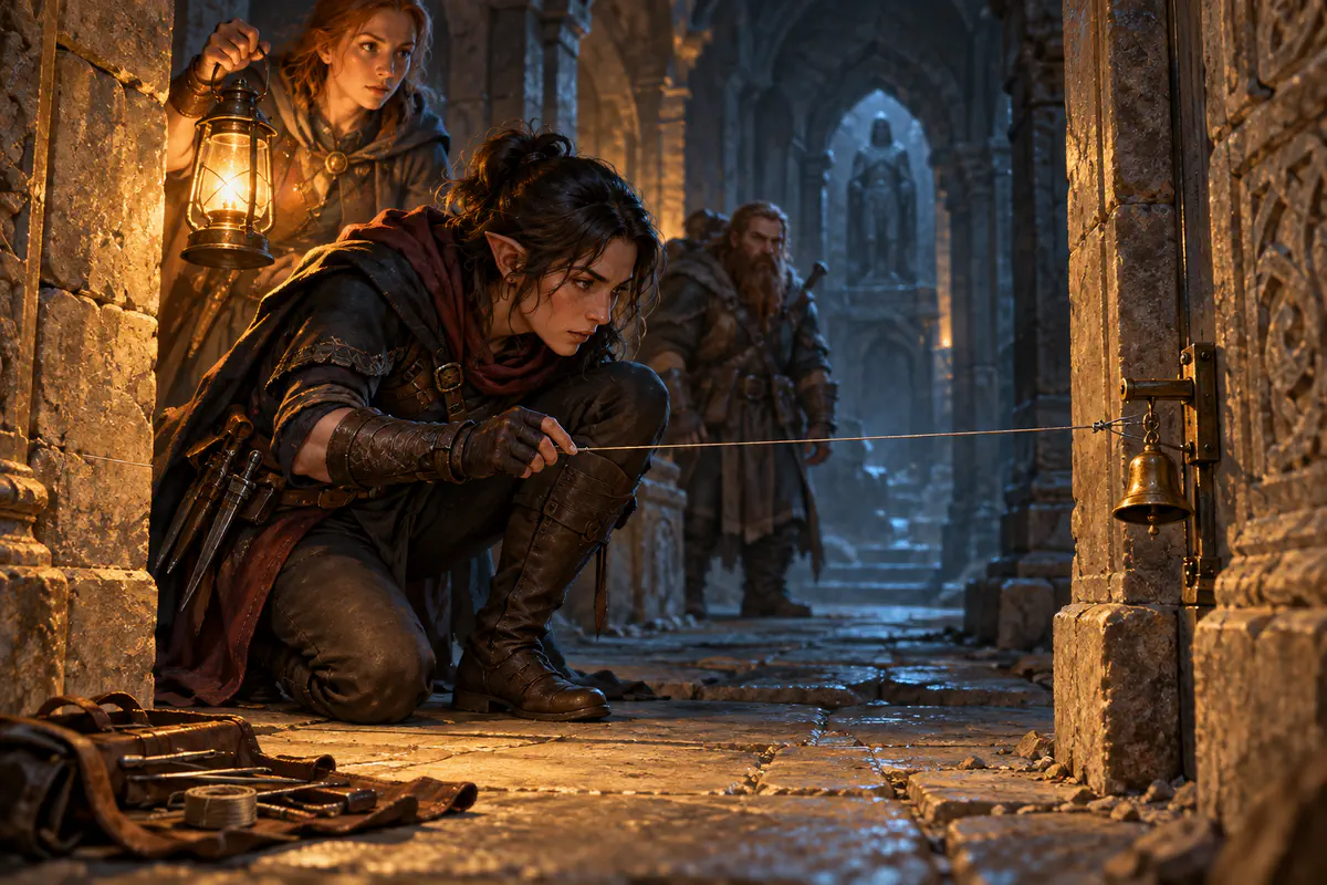A rogue examines a tripwire connected to a brass warning bell while companions hold a lantern