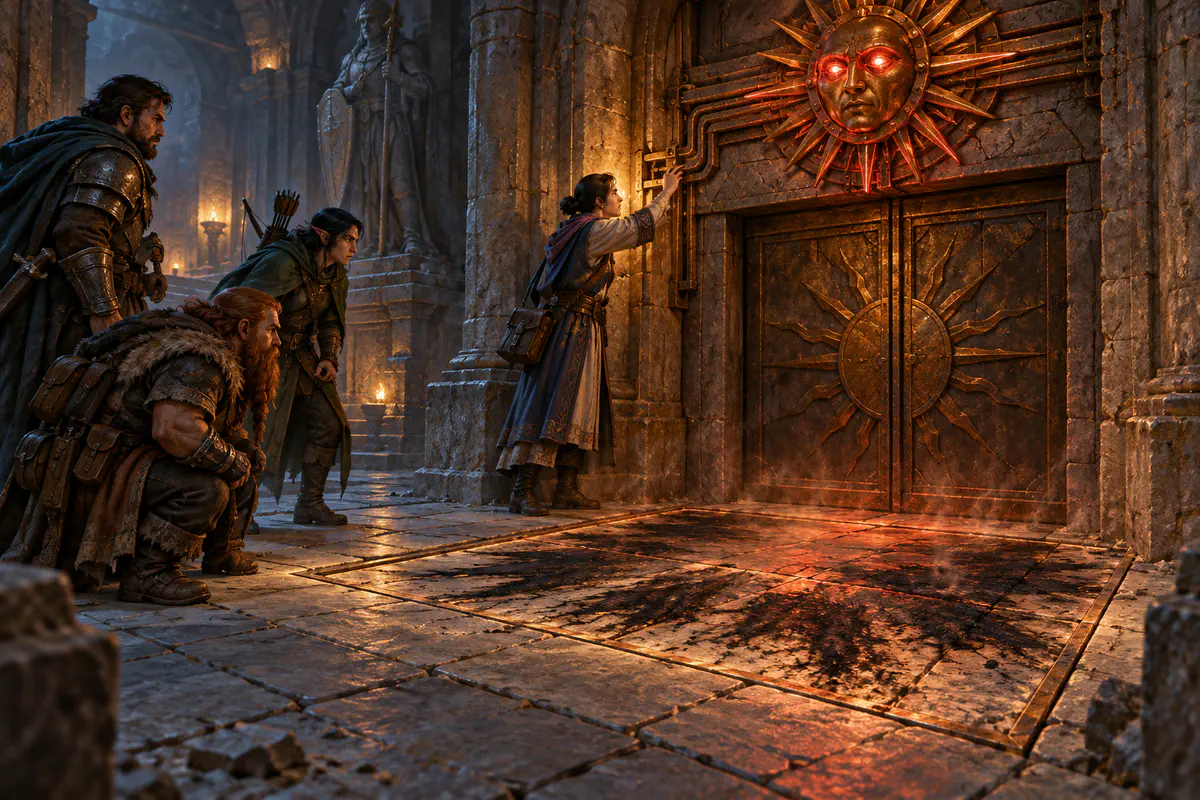 Adventurers study a glowing bronze sun ward above a treasury door beside scorched flagstones