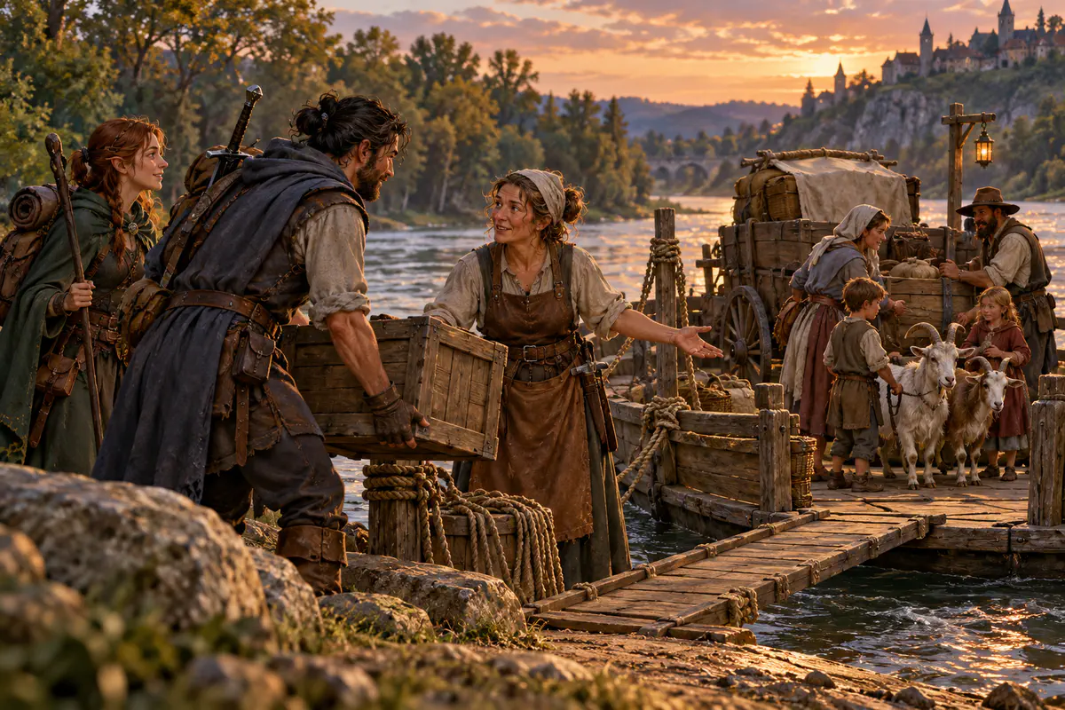 A ferrymaster discusses passage with adventurers while a family and goats board the ferry