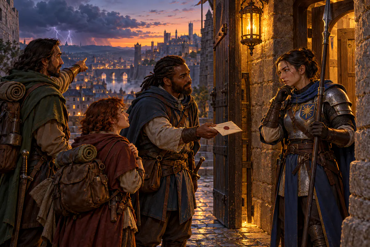 Travelers present a sealed letter while negotiating entry with a city guard at dusk