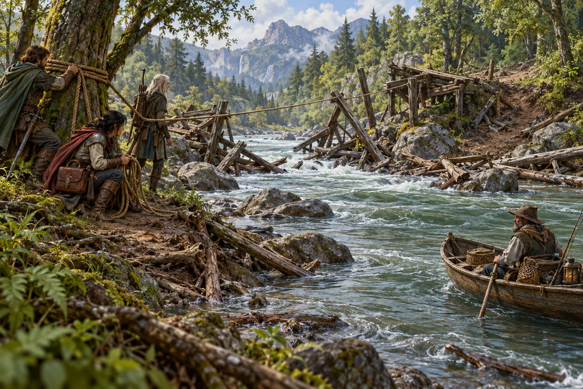 Adventurers secure a rope beside a washed-out footbridge while a fisher waits downstream