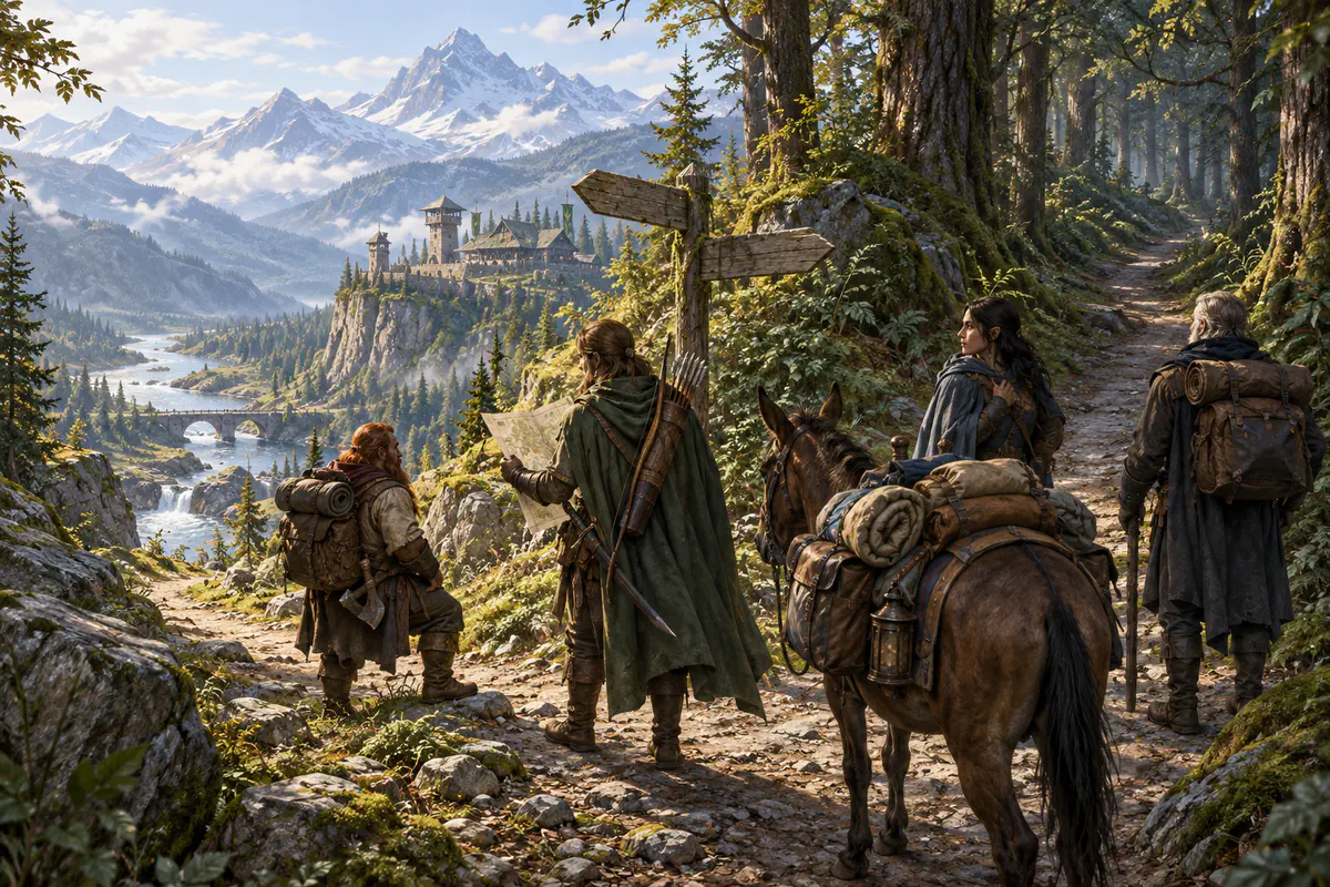 Adventurers study a map at a fork between a river road and a wooded mountain trail