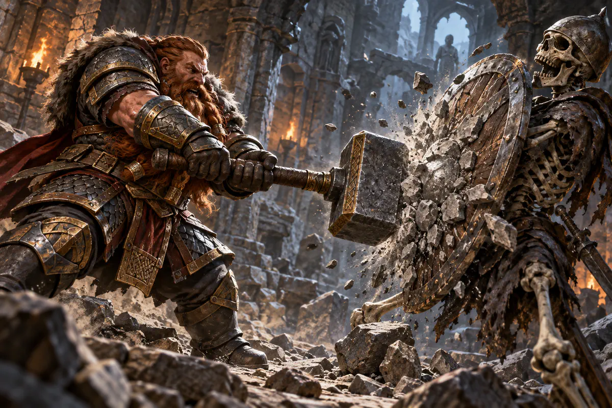 Dwarf bringing a blunt warhammer against a skeleton's shield in a ruined dungeon