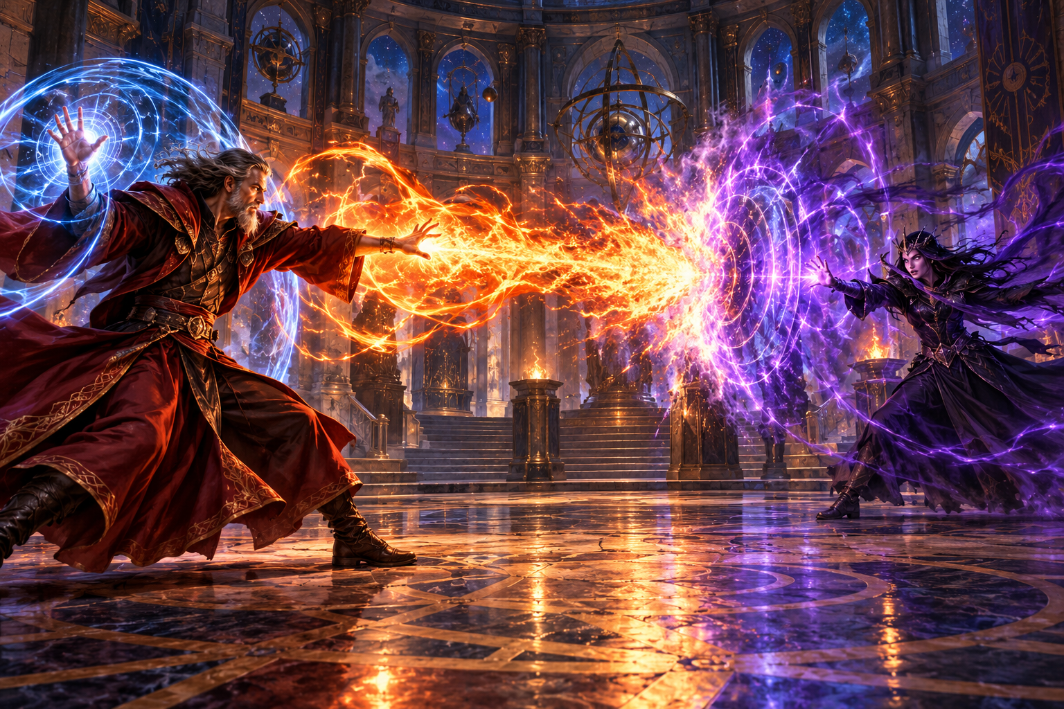 Two wizards exchange a spell and counter-magic reaction during one turn