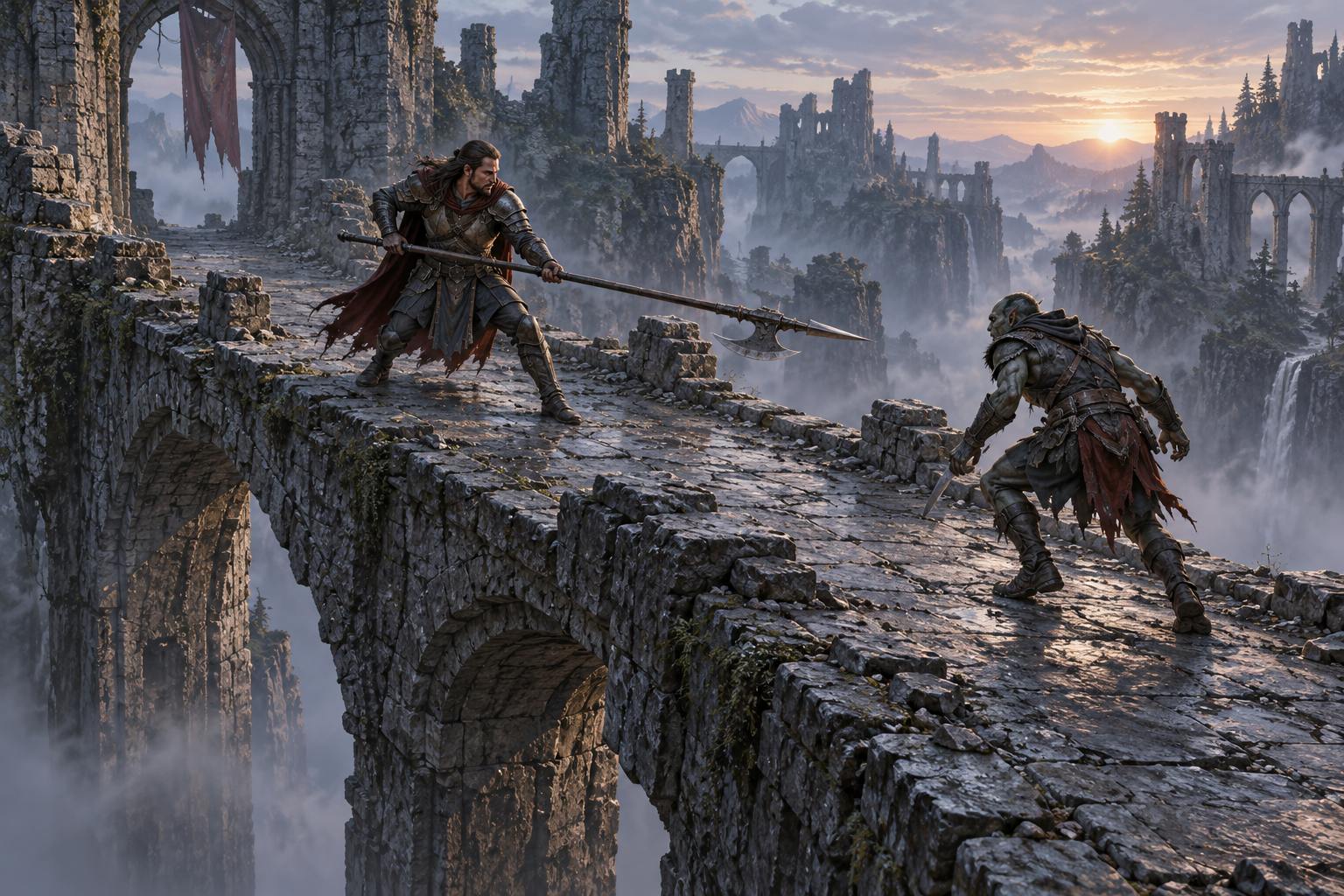 A glaive wielder controls a long reach on a narrow bridge