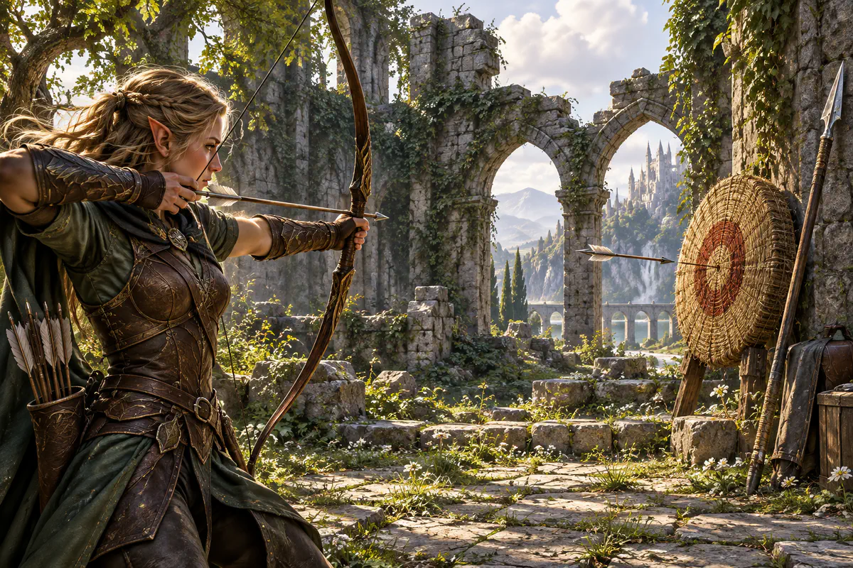 Elven archer releasing a pointed arrow toward a straw target in a ruined courtyard