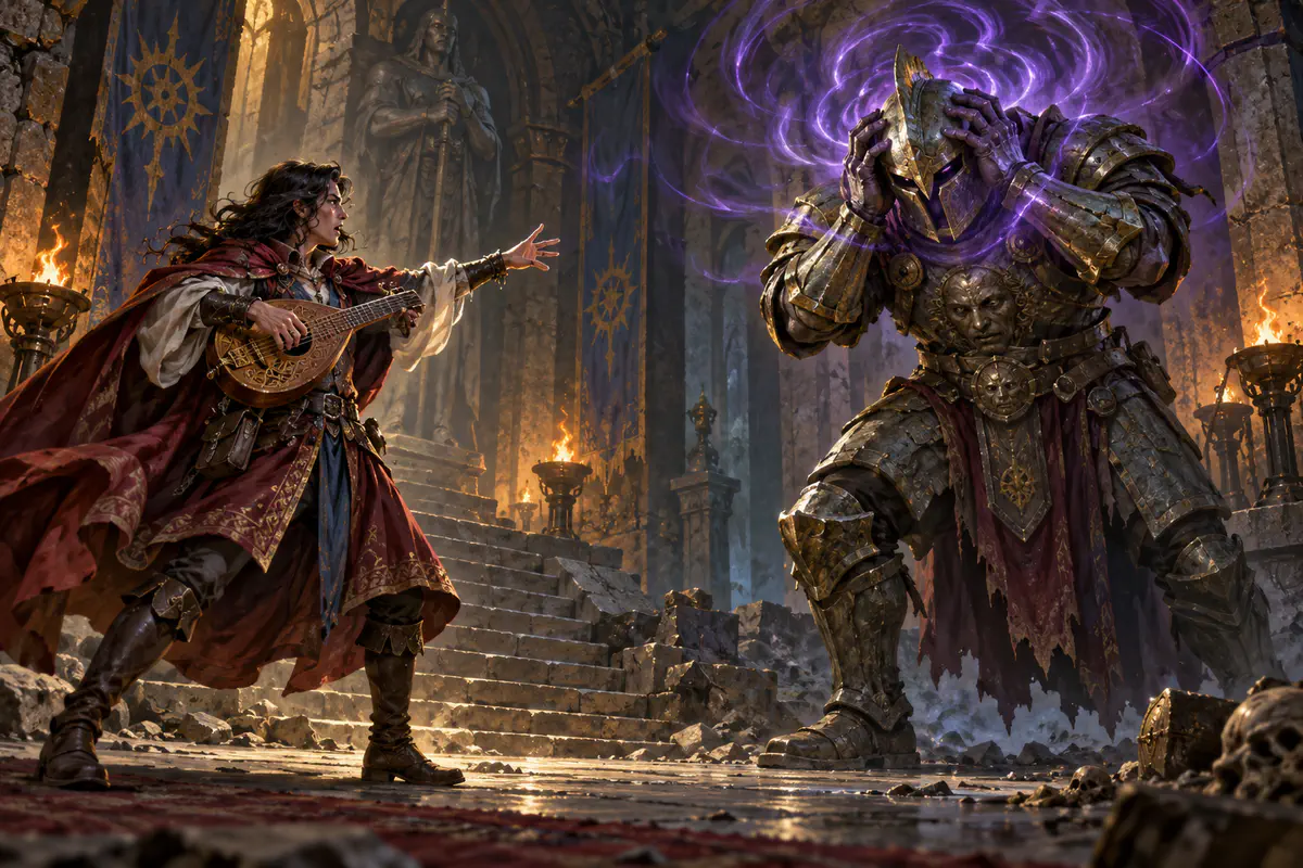 Bard surrounding a dungeon guardian's head with violet ripples of psychic magic