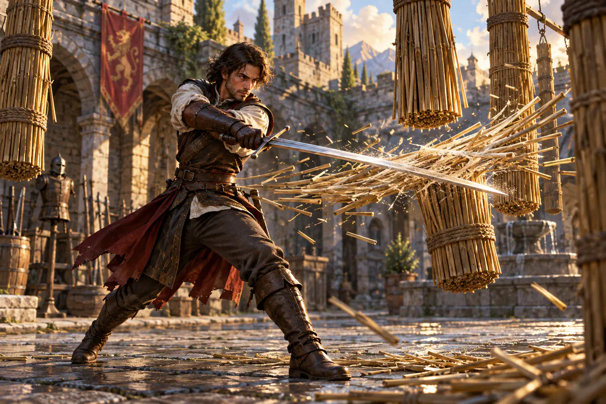 Adventurer cutting hanging training reeds with a longsword in a medieval courtyard