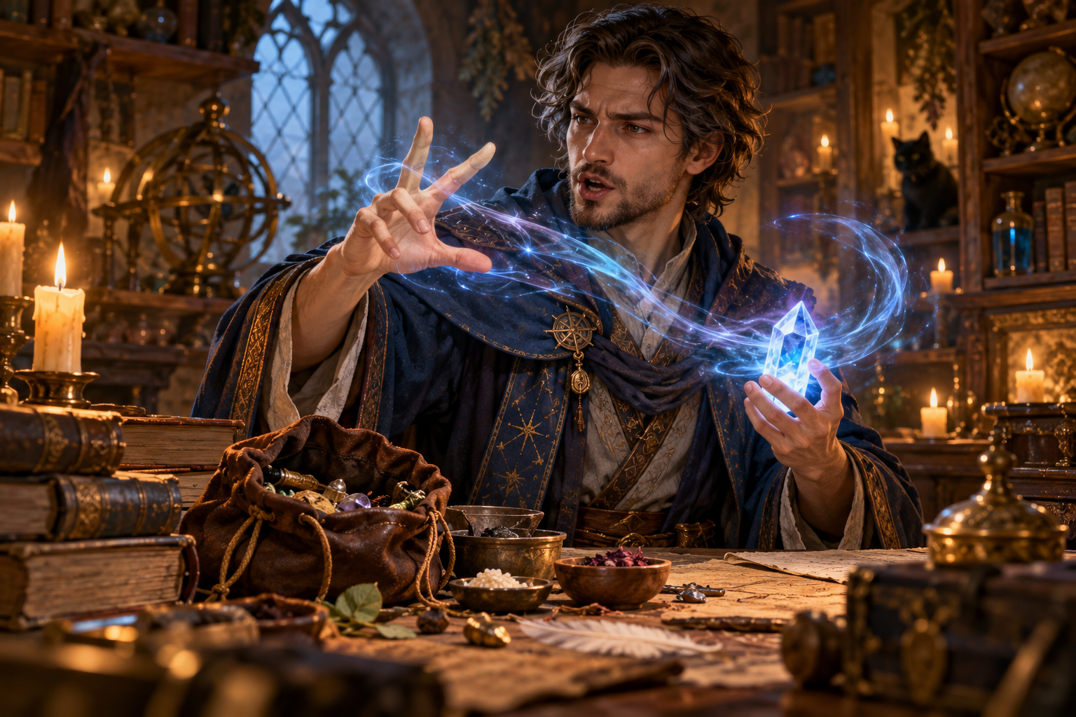 A wizard speaks and gestures while holding an arcane focus beside a component pouch