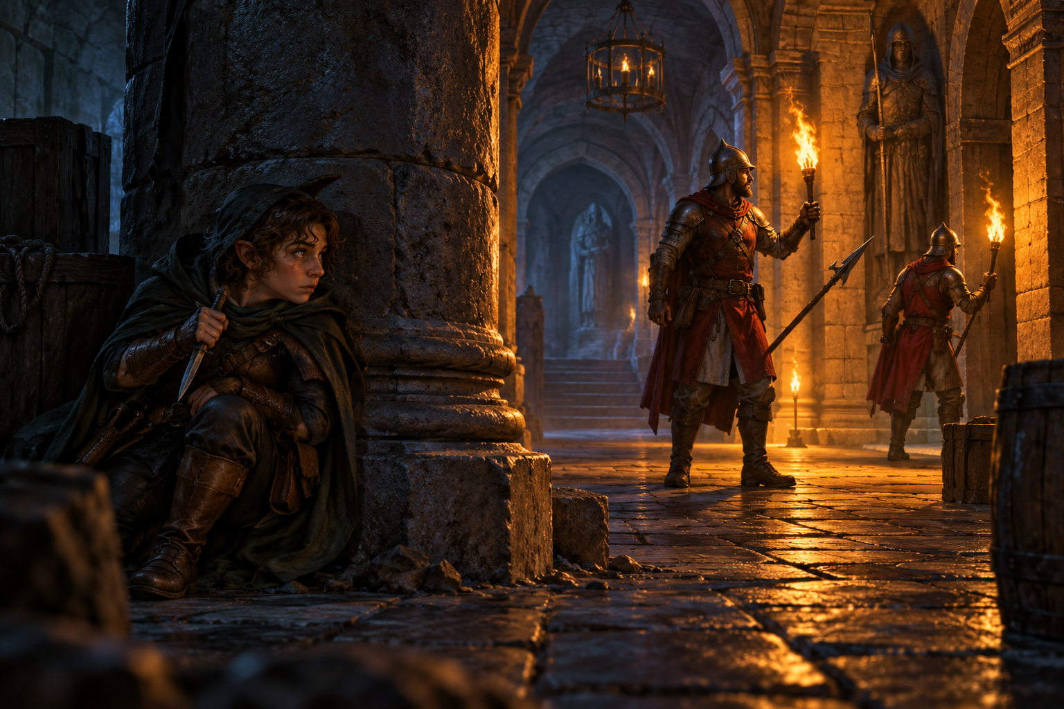 A halfling hides behind a stone pillar while guards search a torchlit corridor