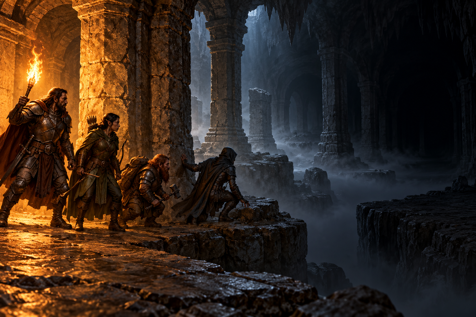Adventurers stand where torchlight fades through dim light into dungeon darkness