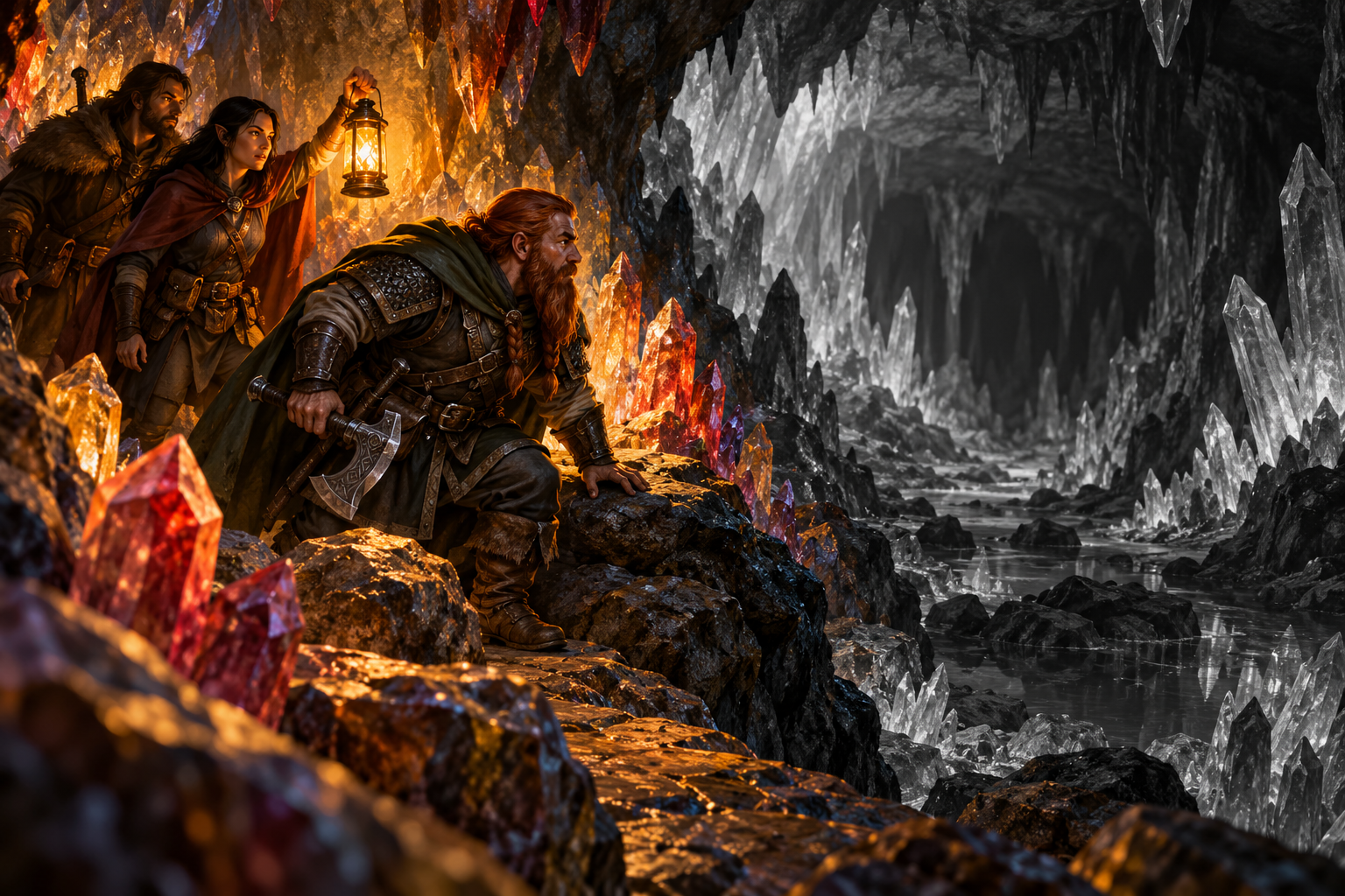 A dwarf uses darkvision beyond a lantern's colored light in a crystal cavern