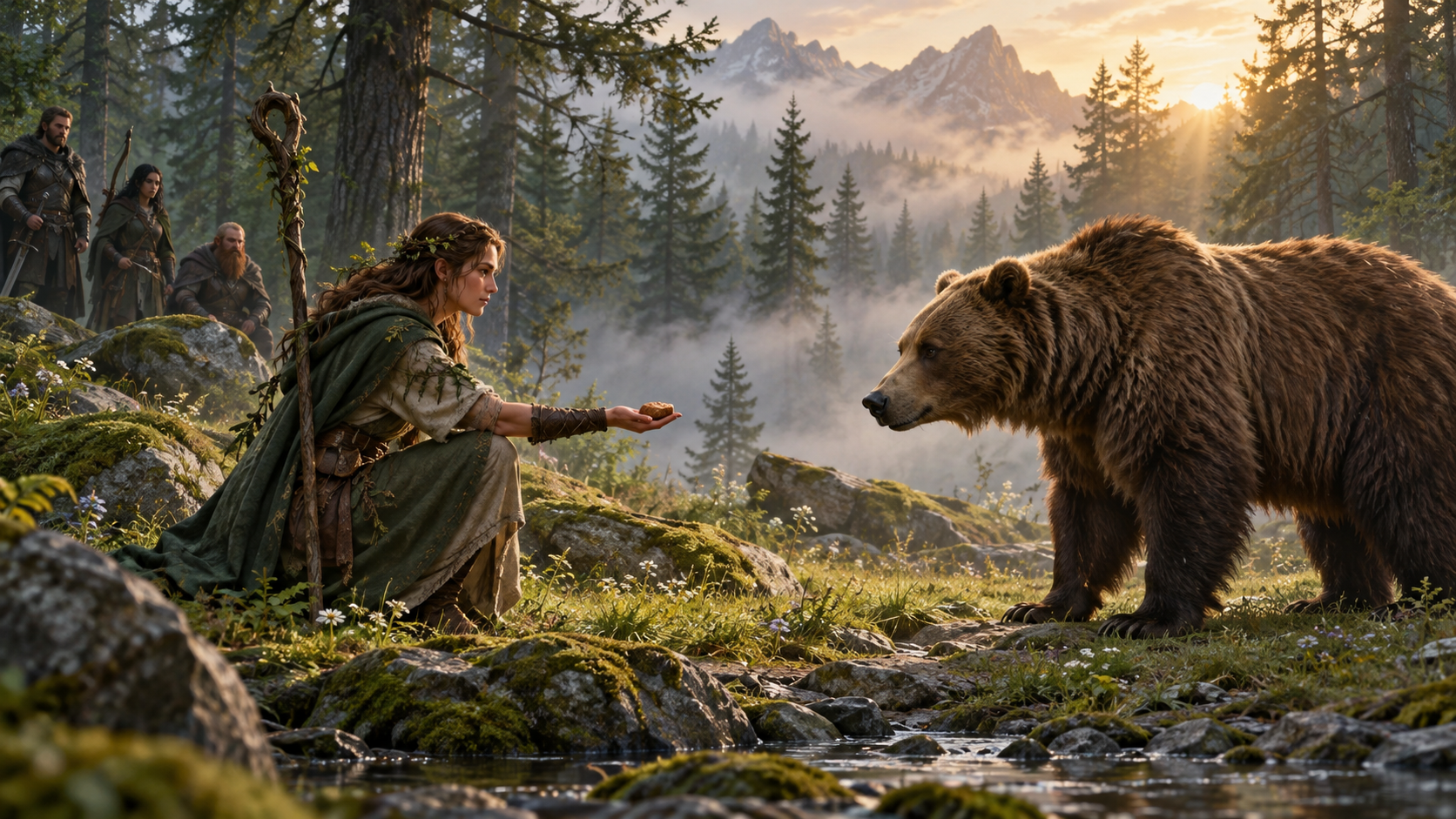 A druid peacefully offering food to a wary bear
