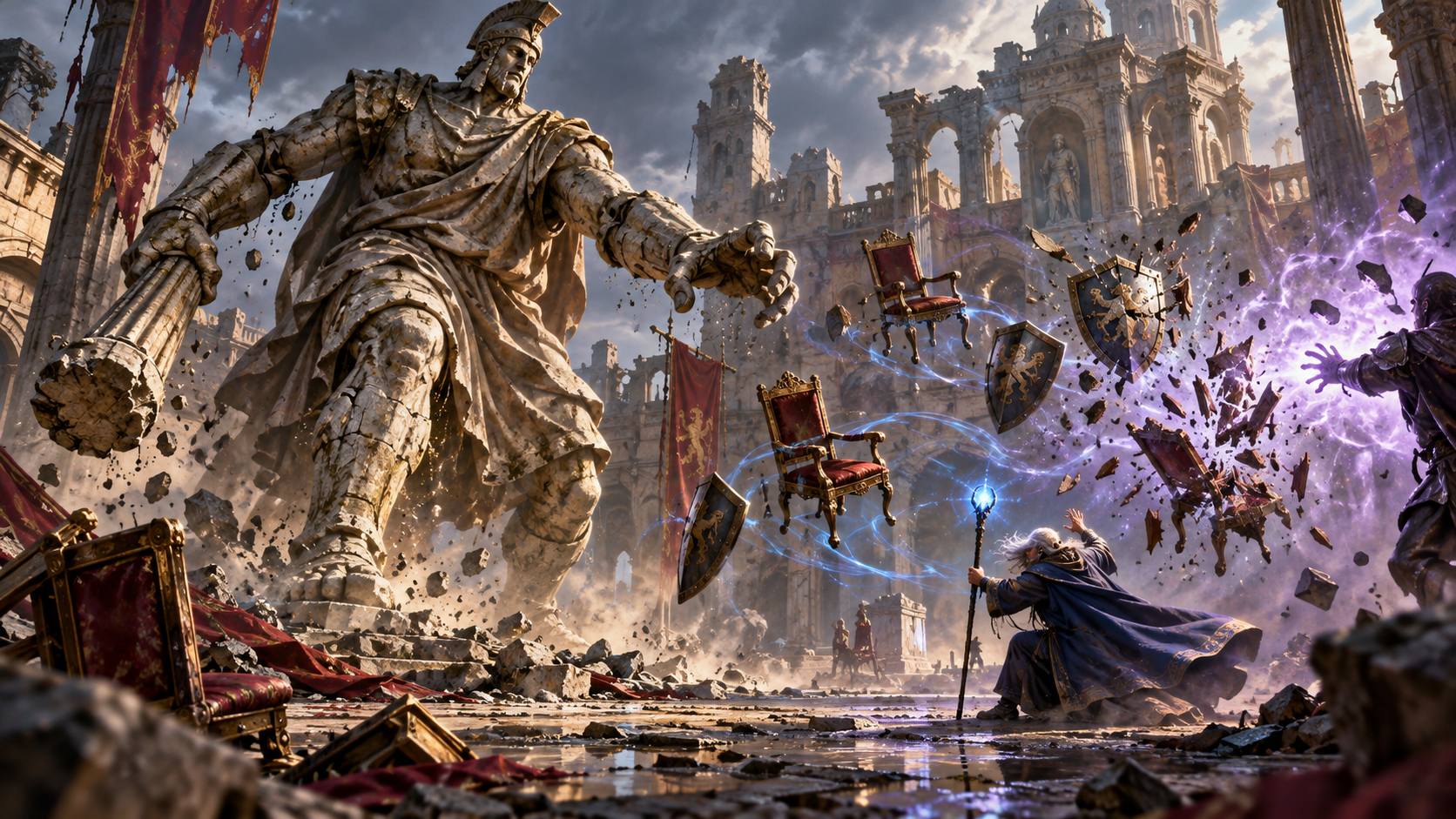 A huge animated statue beside smaller animated objects