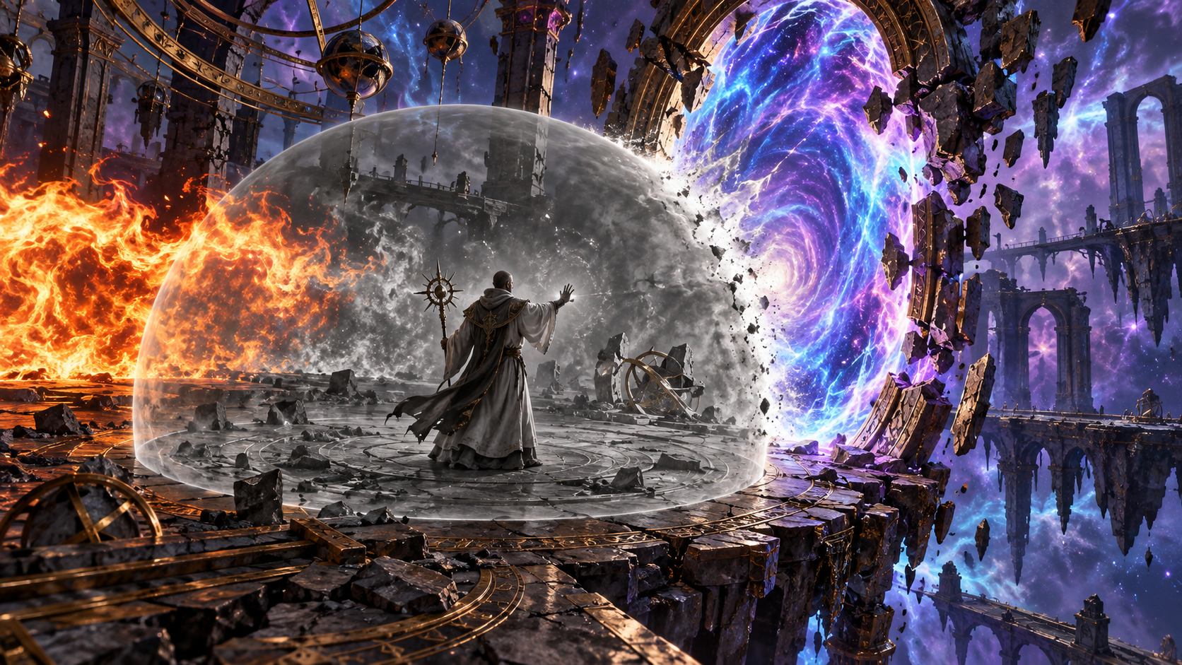 An antimagic field suppressing a portal and overlapping wall of fire
