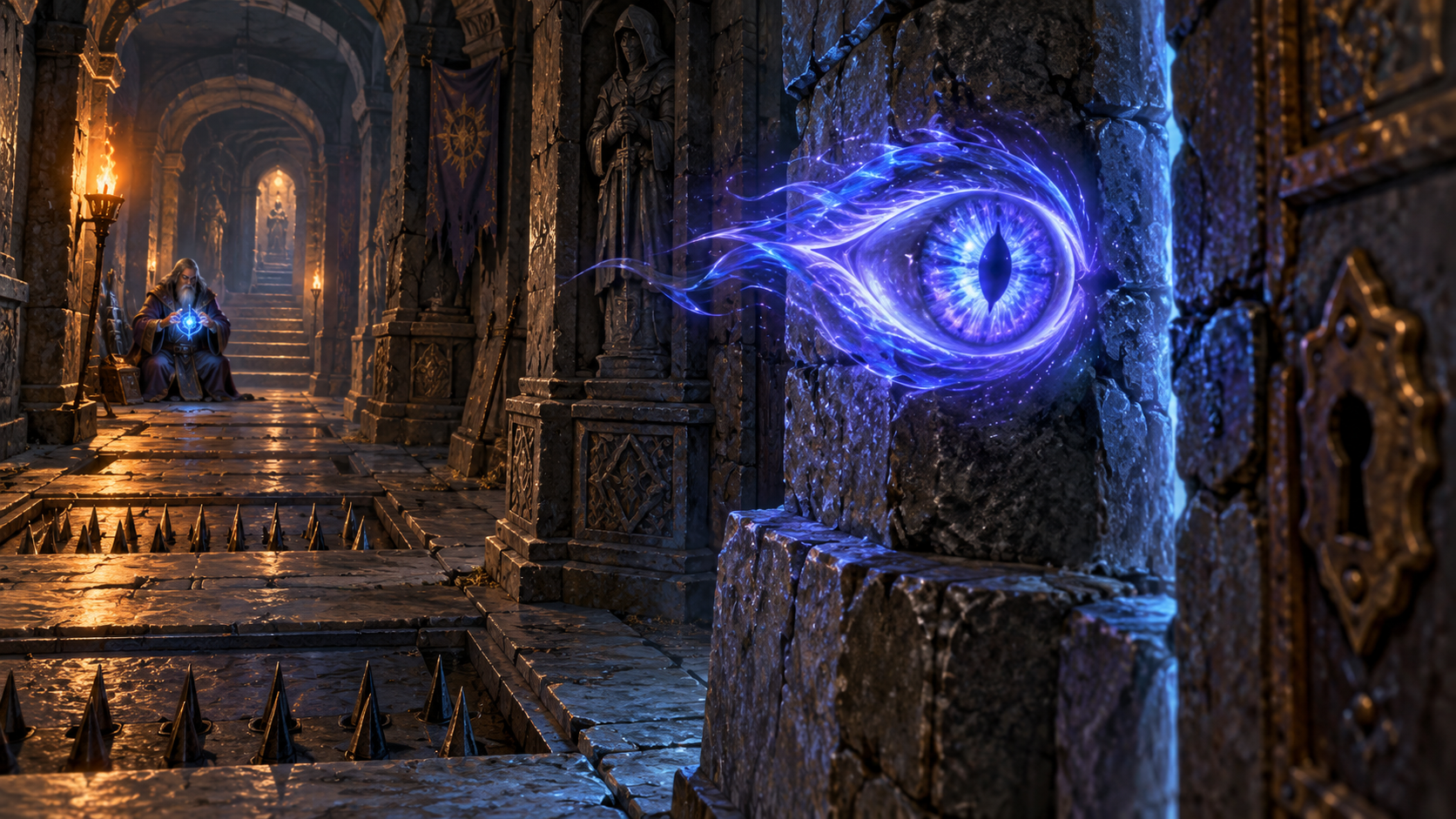 An Arcane Eye scouting ahead through a trapped dungeon