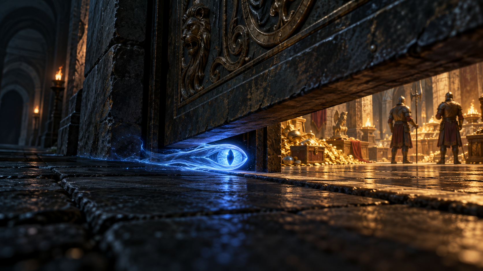 An Arcane Eye slipping beneath a locked door to scout guards