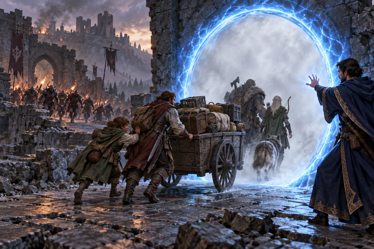 Adventurers guide supplies through an opaque Arcane Gate while the caster maintains concentration