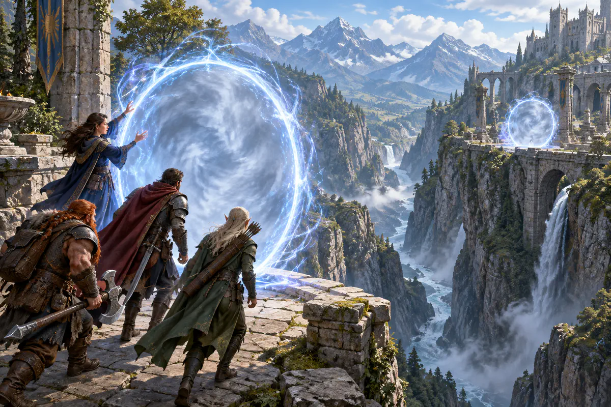 A wizard creates two upright, mist-filled Arcane Gate portals on opposite sides of a ravine