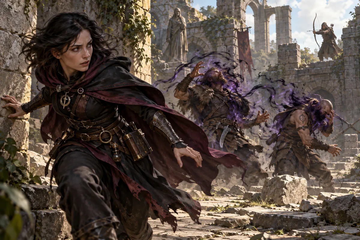 A Warlock retreats as dark tendrils fade and nearby raiders recoil from Arms of Hadar
