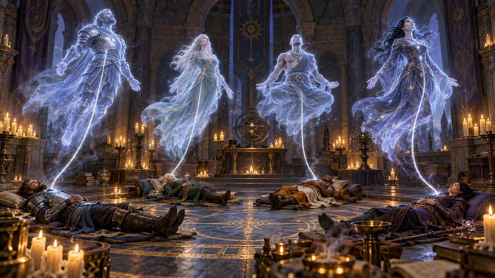 Astral forms rising from suspended bodies on silver cords