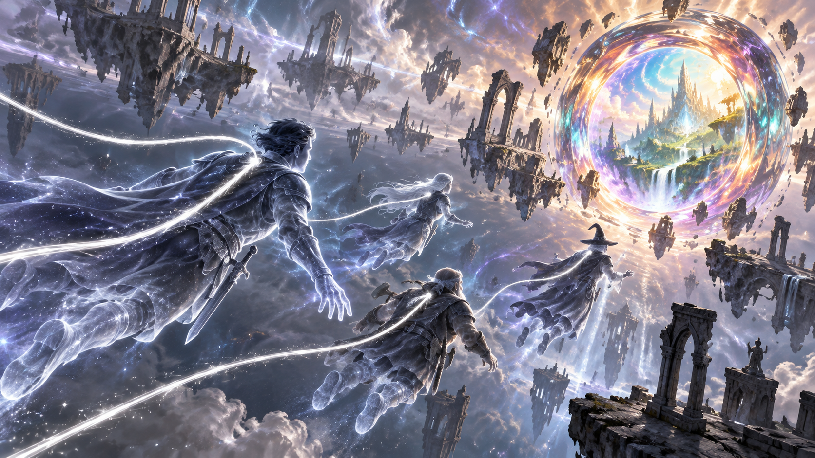 Astral travelers following silver cords toward a planar portal