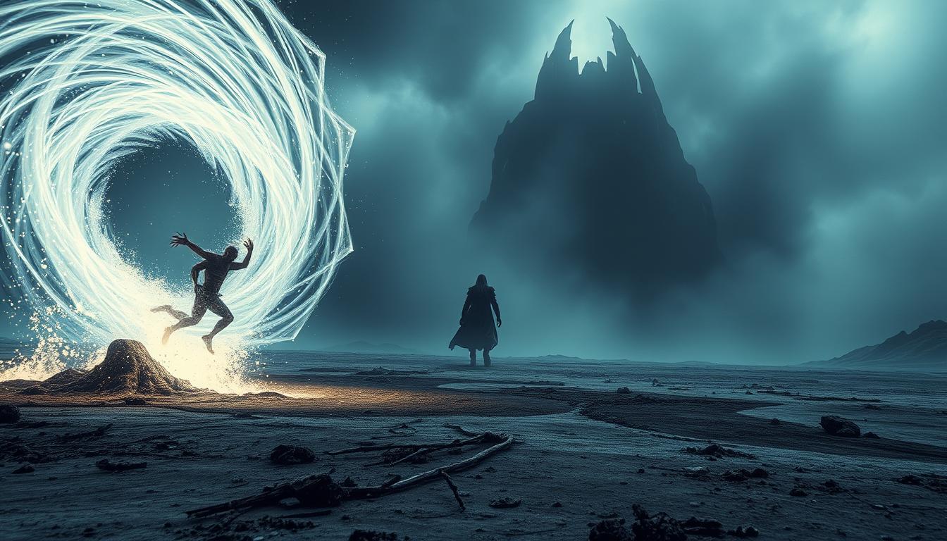 A creature being pulled through a planar portal by Banishment