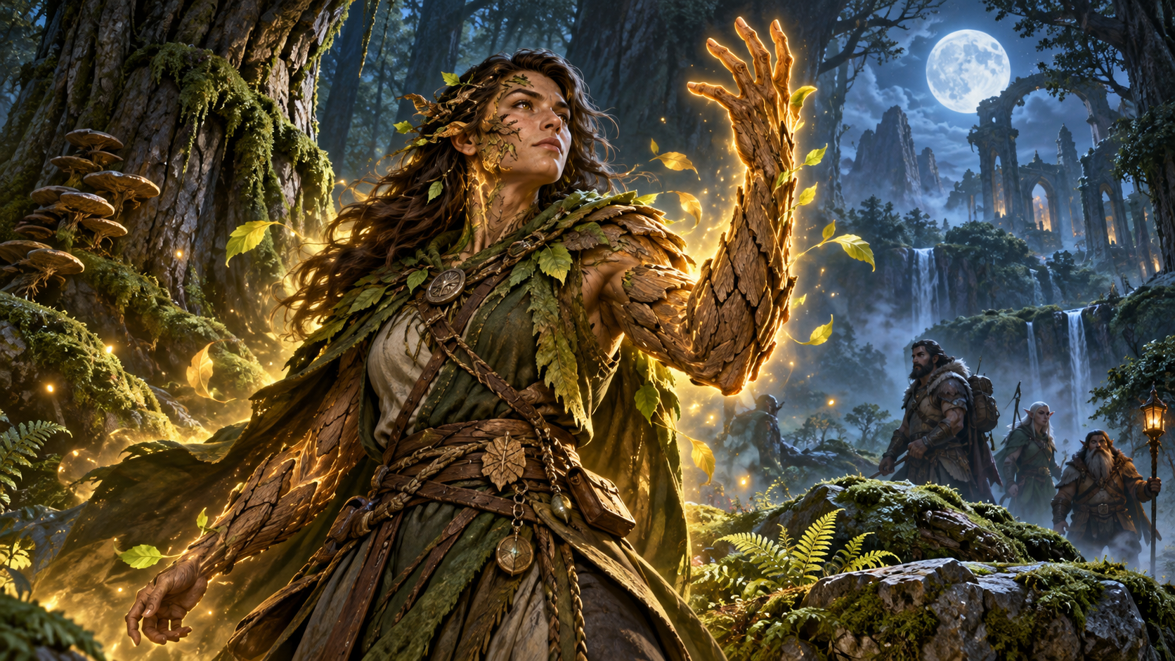 A druid gaining protective bark-like skin in a moonlit forest