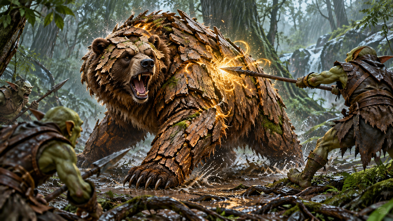 A wild-shaped bear protected by magical bark armor