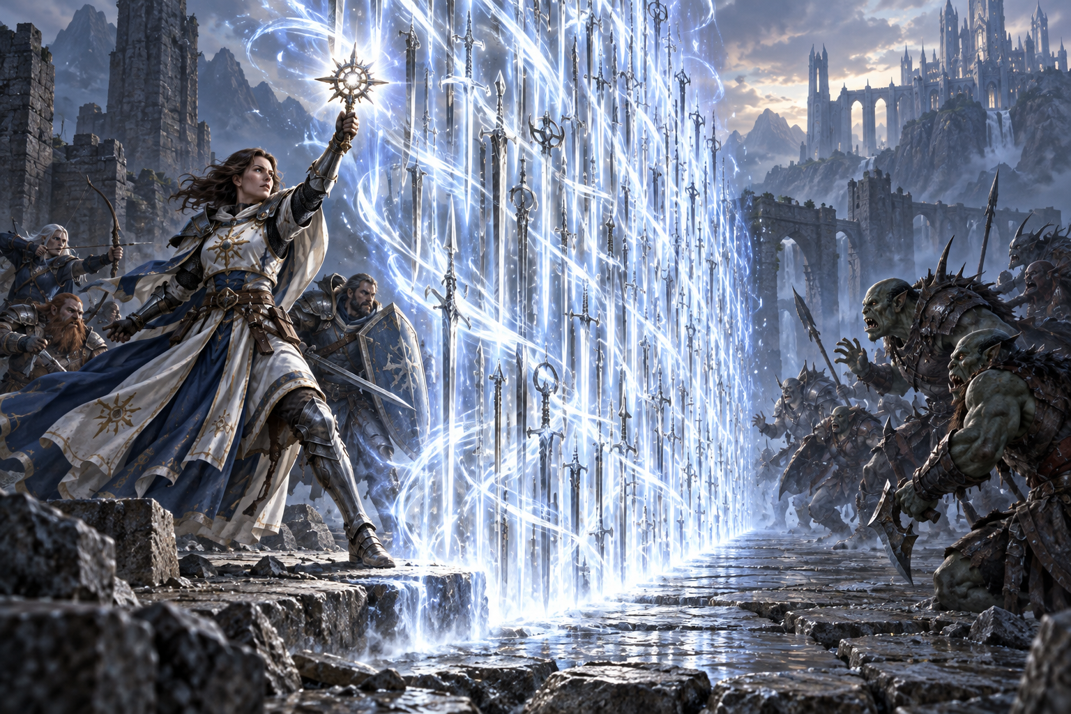 A cleric creates a straight Blade Barrier across a battlefield