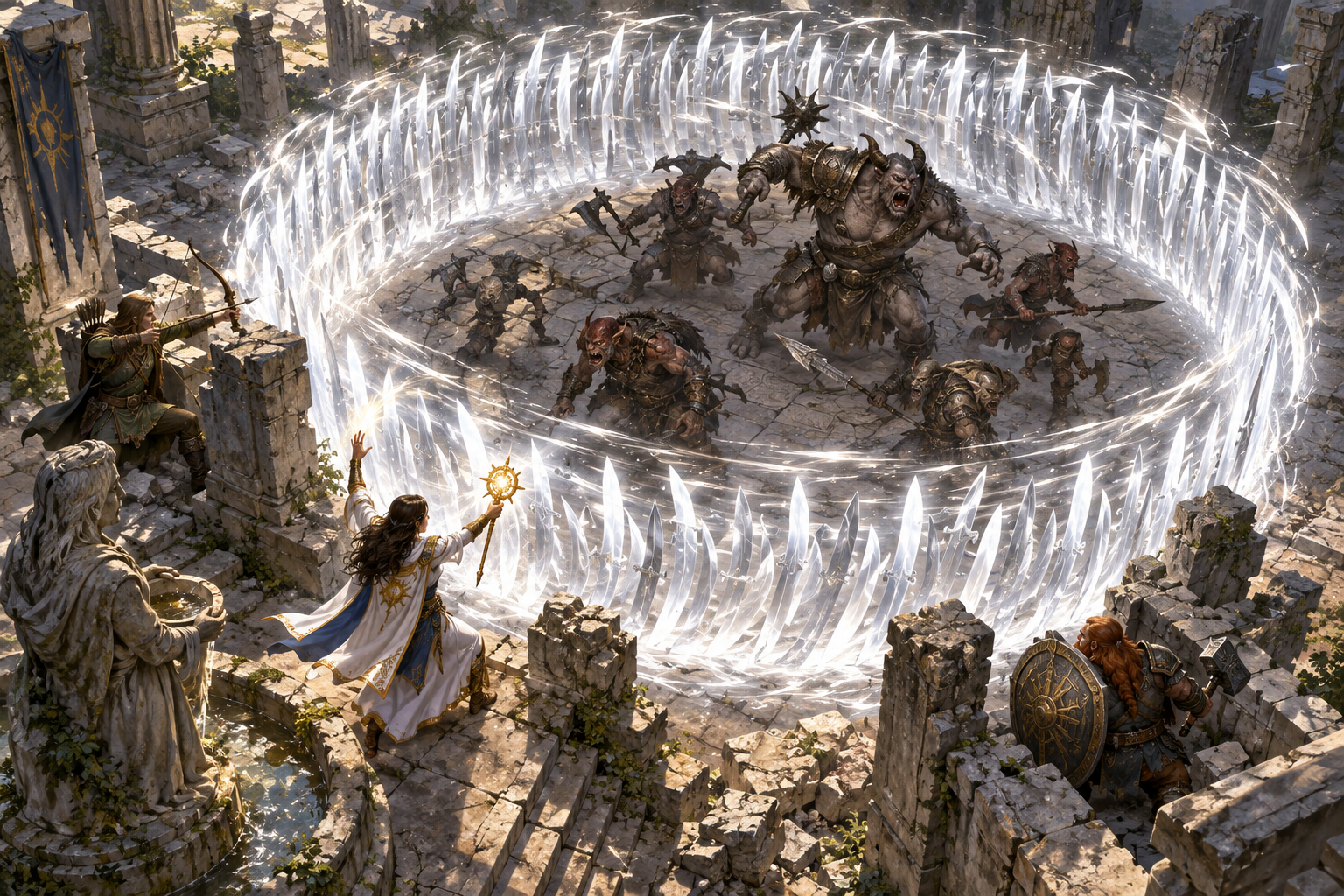 A cleric surrounds enemies with a ring-shaped Blade Barrier