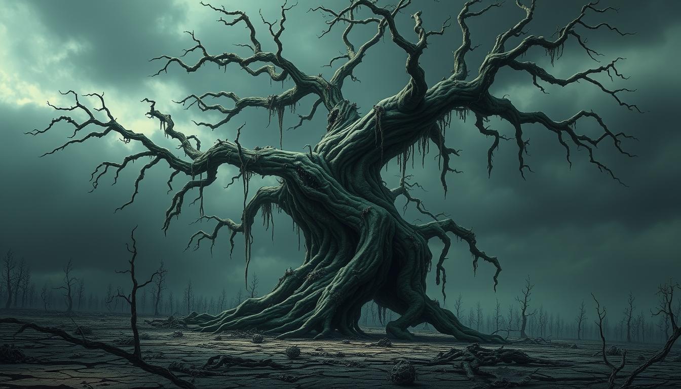 A living tree withers under the Blight spell
