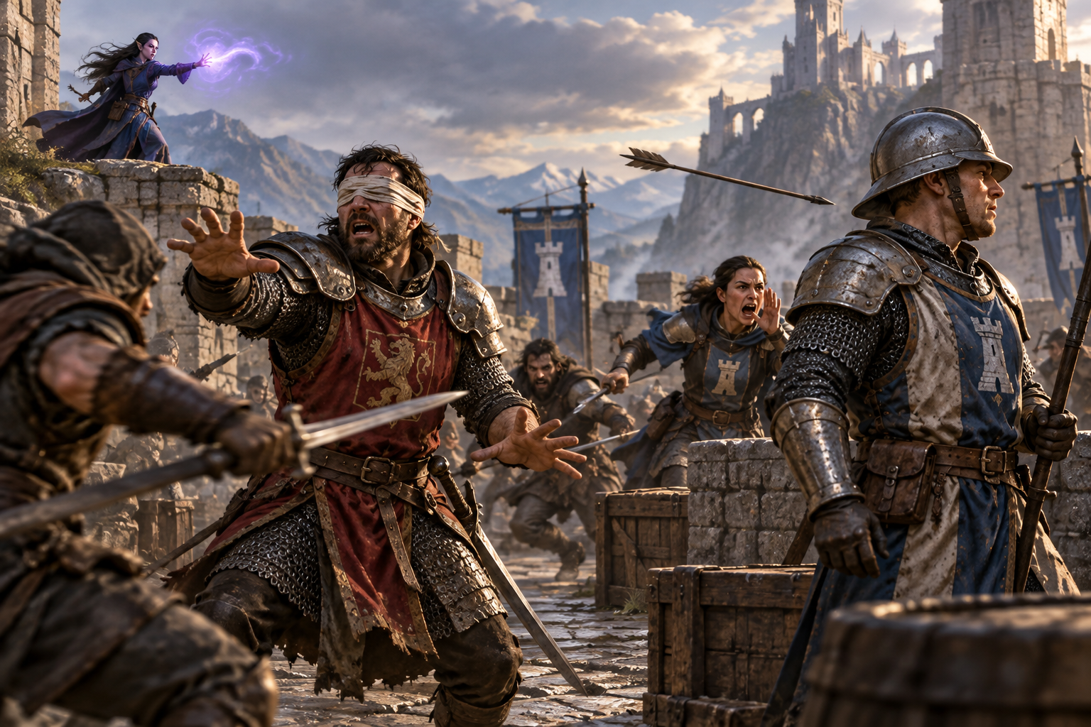 One blinded warrior and one deafened guard show the spell's two choices