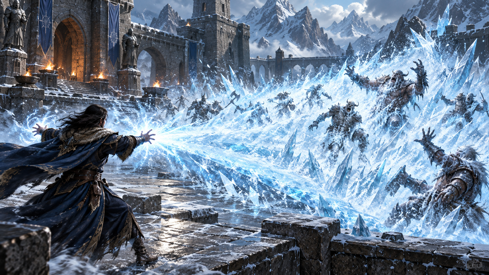 A wizard casting Cone of Cold across a battlefield