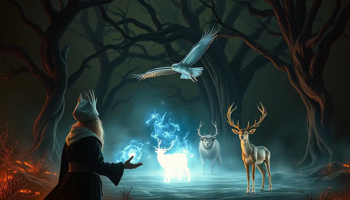 Fey spirits taking the forms of deer and birds around a caster