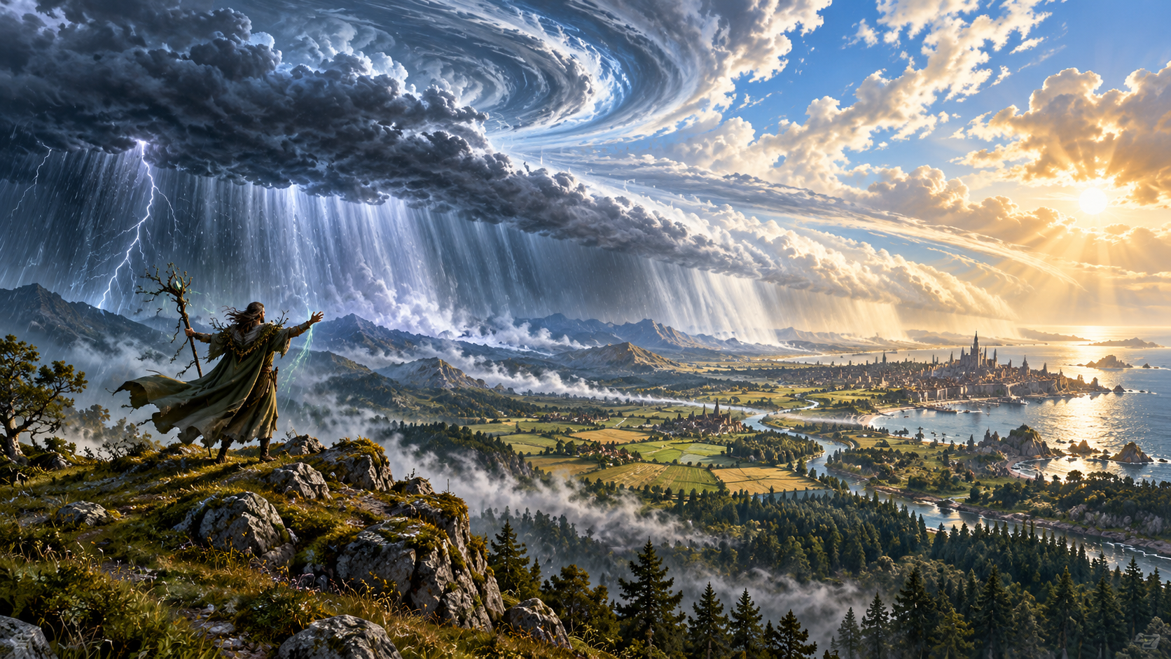 A spellcaster using Control Weather to divide a storm from clear skies