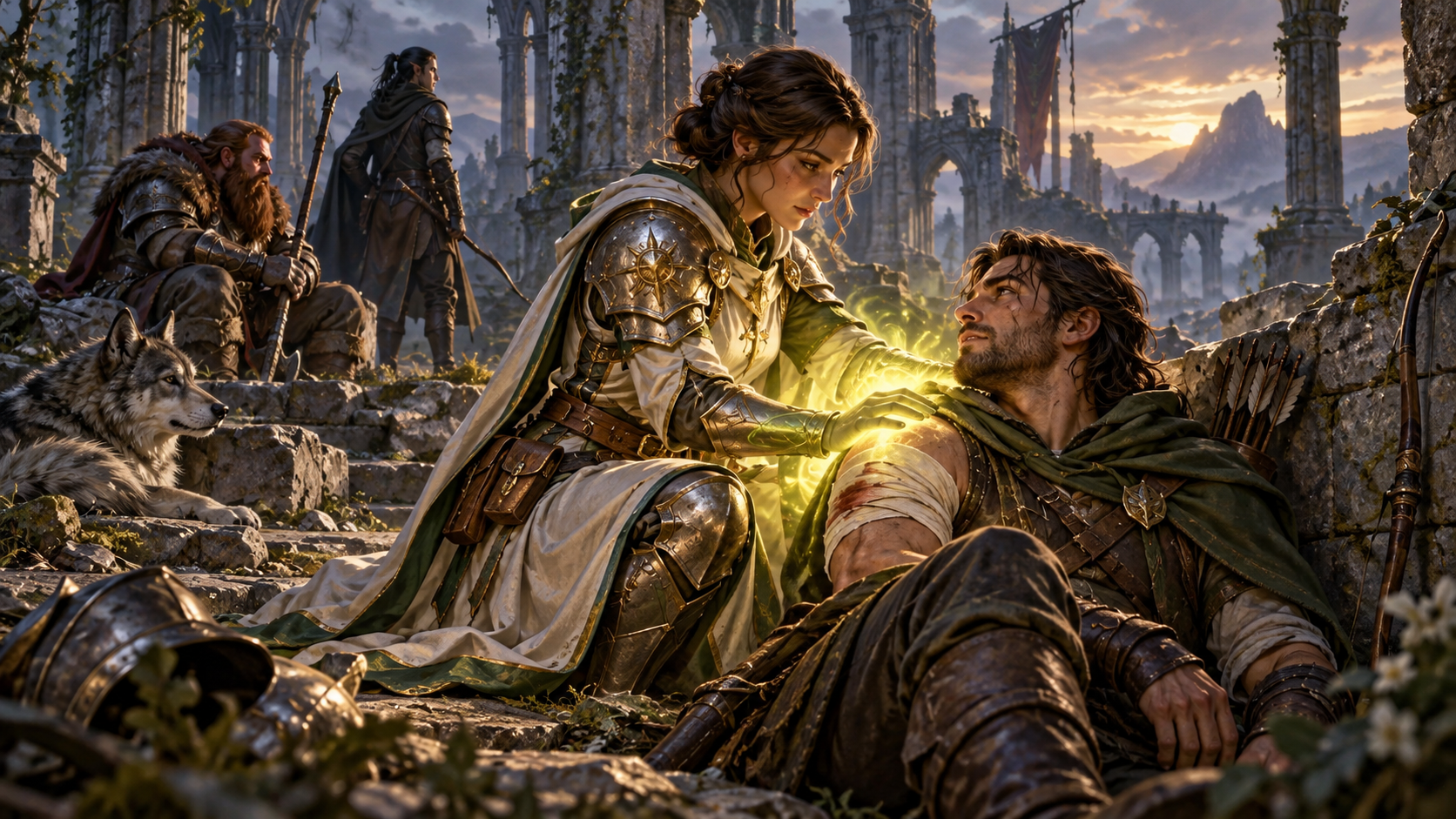 A cleric casting Cure Wounds on an injured ranger