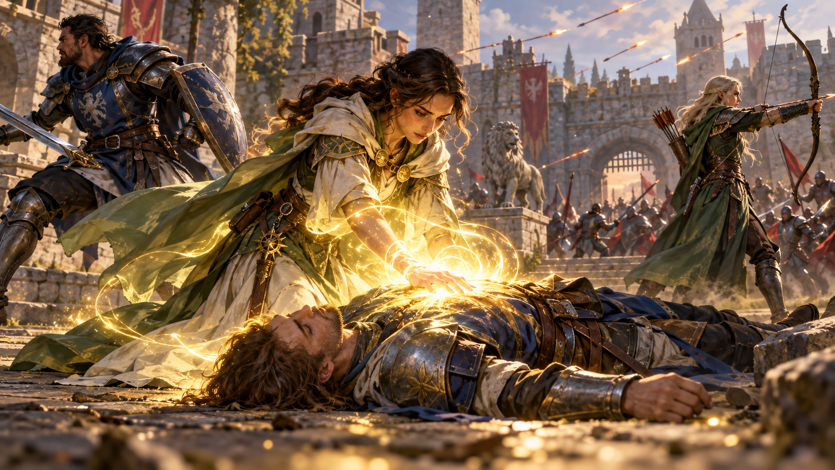 A cleric uses healing magic to revive a fallen companion during a battle