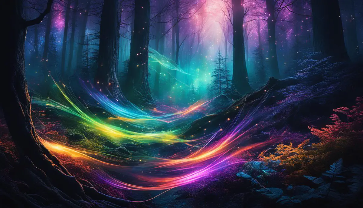 Four magical lights dancing through a dark dungeon