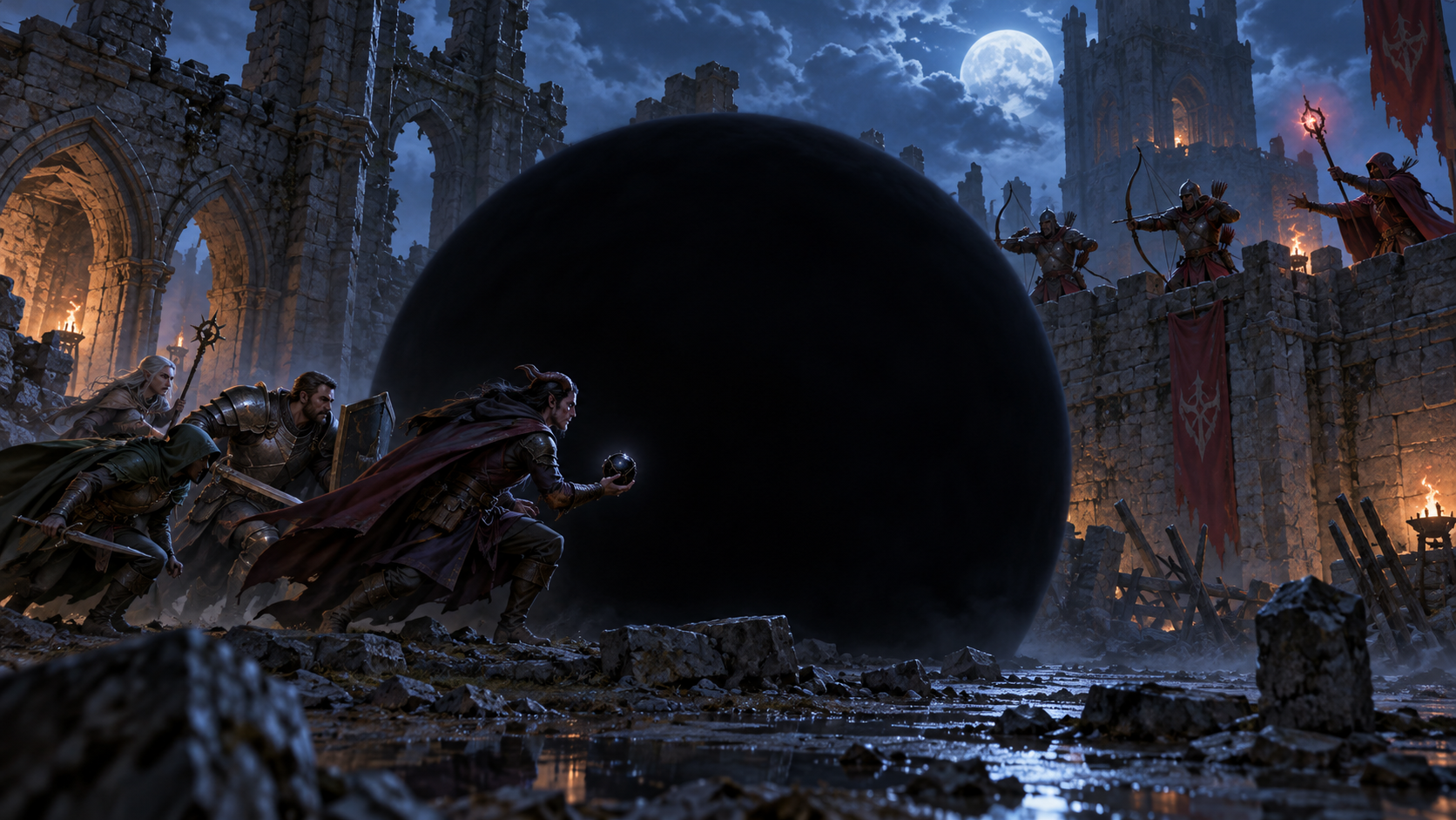 Adventurers moving behind a portable sphere of magical darkness