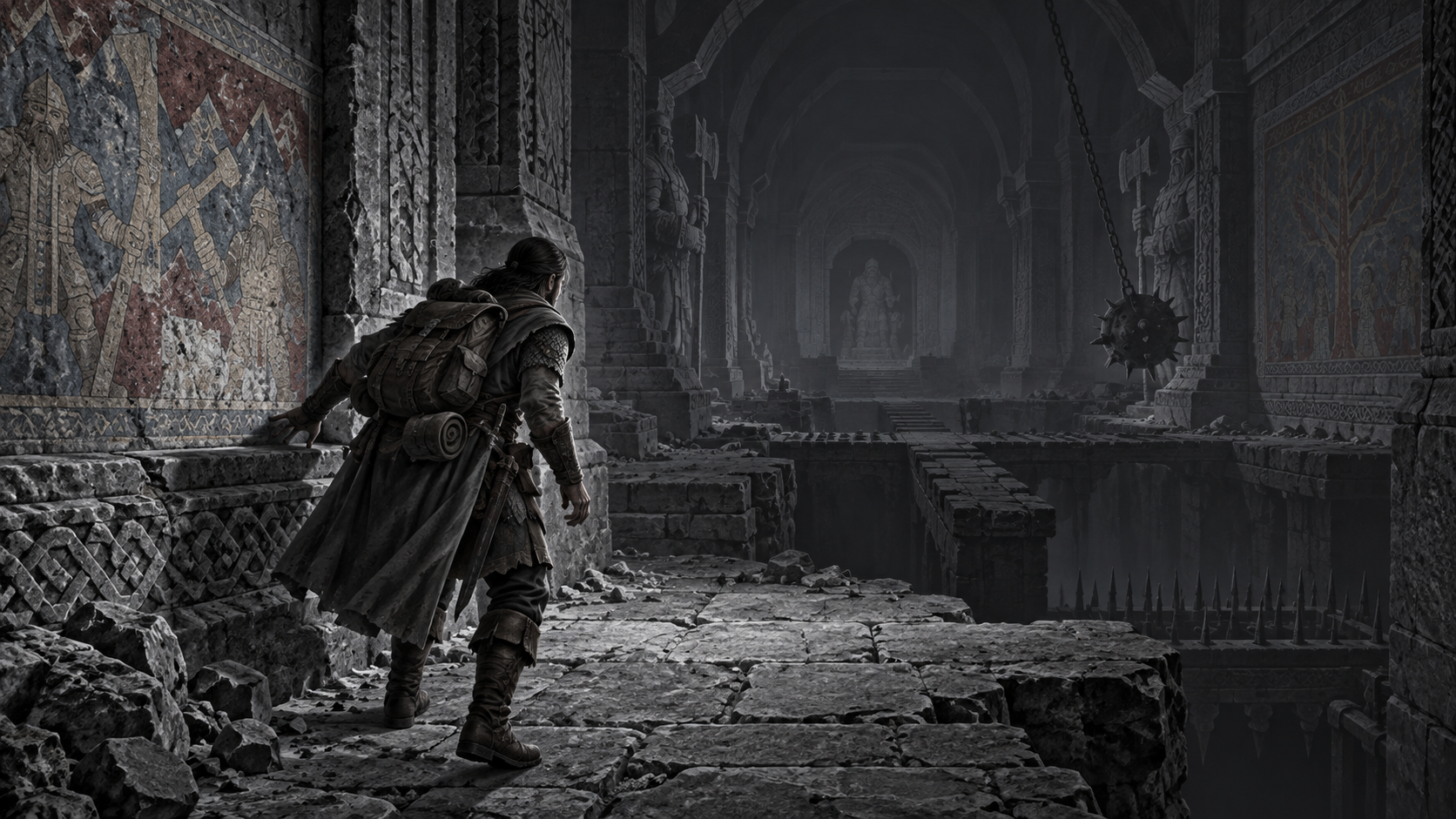 An adventurer exploring a grayscale underground ruin with Darkvision