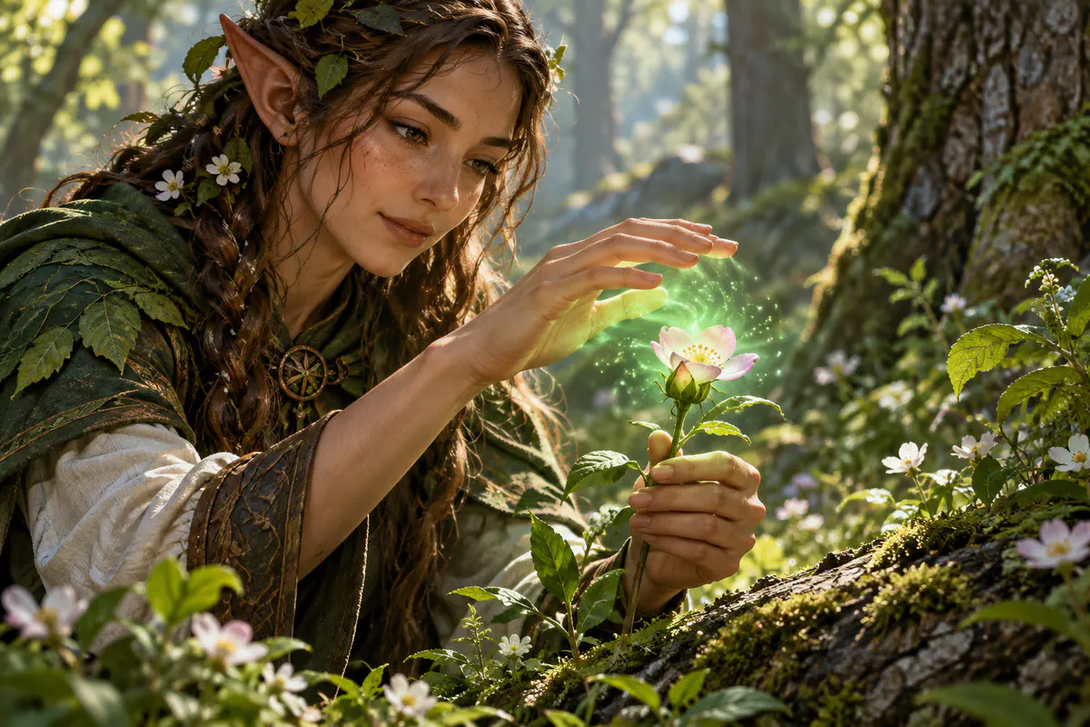 A wood elf Druid uses Druidcraft to open a flower bud on its living stem