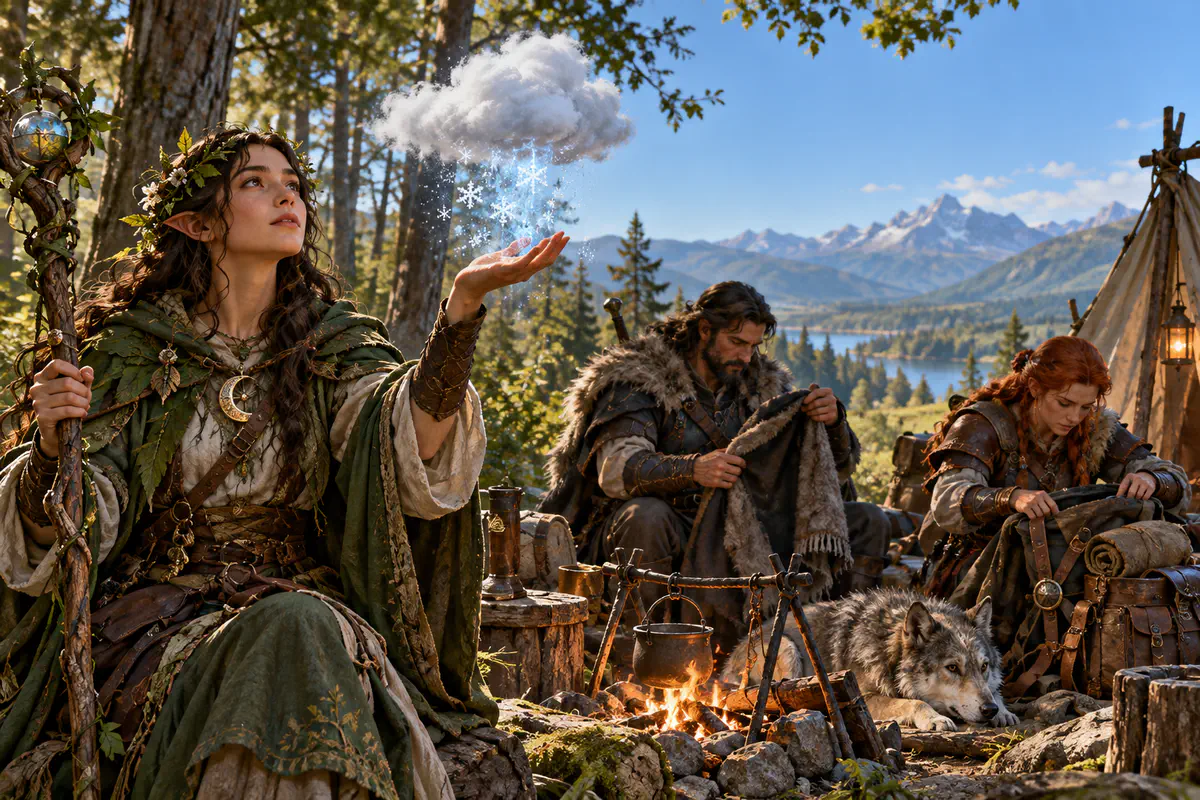A Druid conjures a tiny snowy weather sign while companions prepare travel supplies under a clear sky