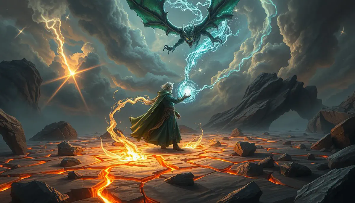A spellcaster binding a flying creature with strands of earth magic