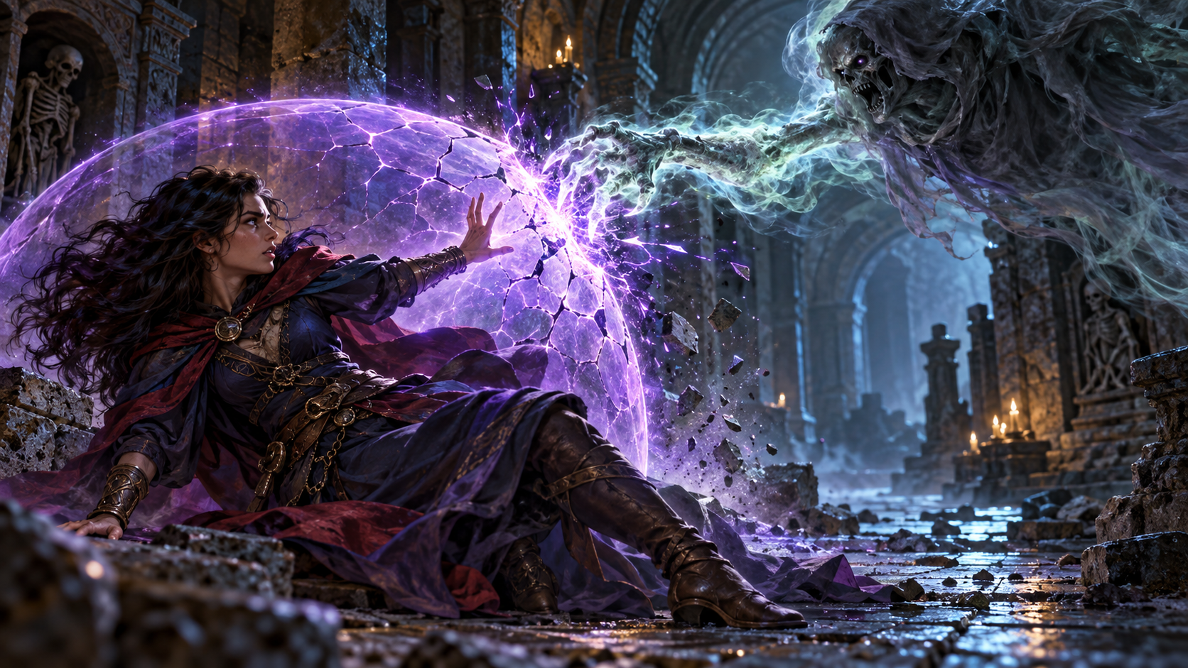 A wizard's violet False Life barrier absorbing a spectral attack