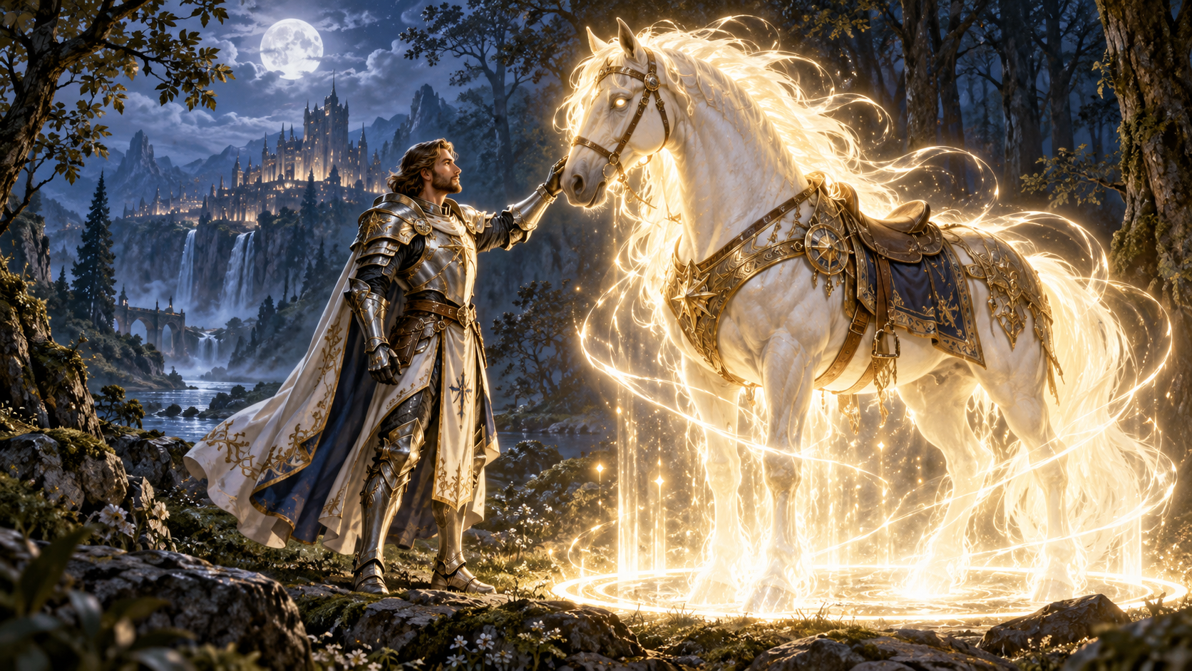 A paladin summoning a luminous celestial warhorse with Find Steed