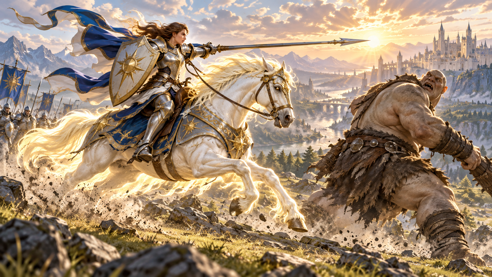 A paladin and celestial warhorse fighting together as a mounted pair