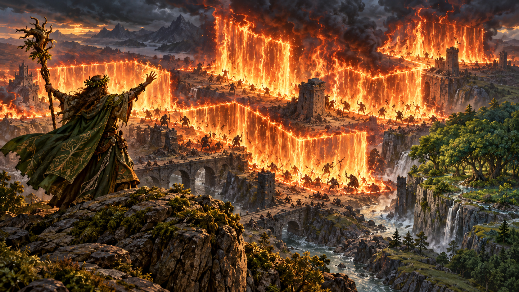 A druid calling down connected sheets of flame with Fire Storm