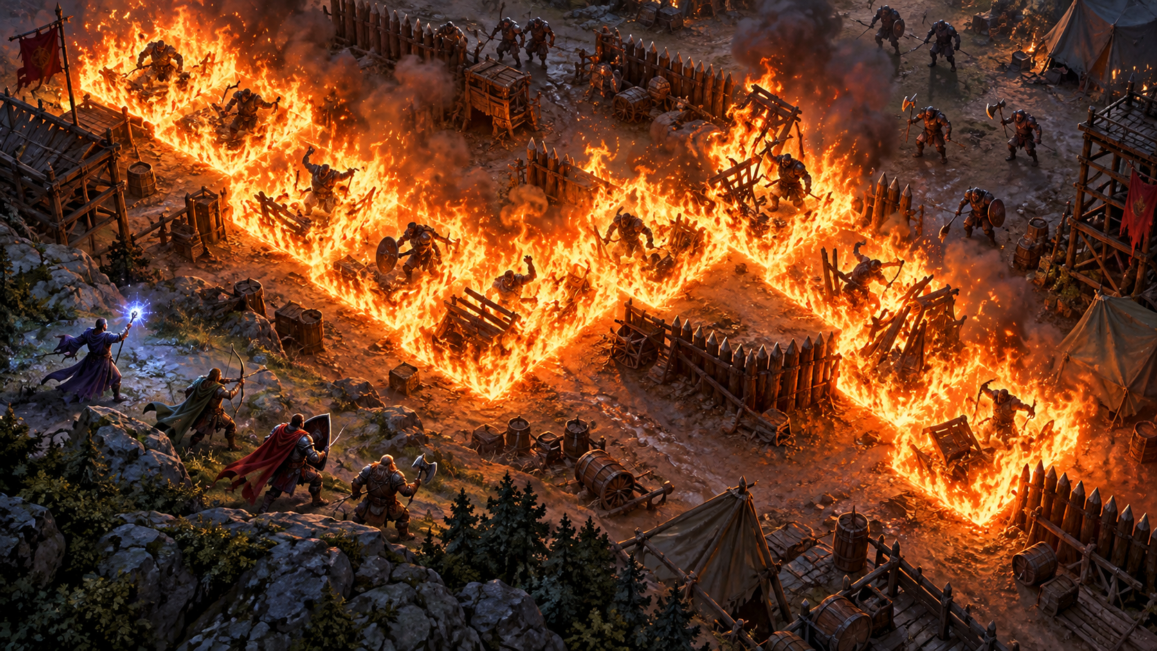 Connected sections of a Fire Storm winding through an enemy camp while avoiding allies